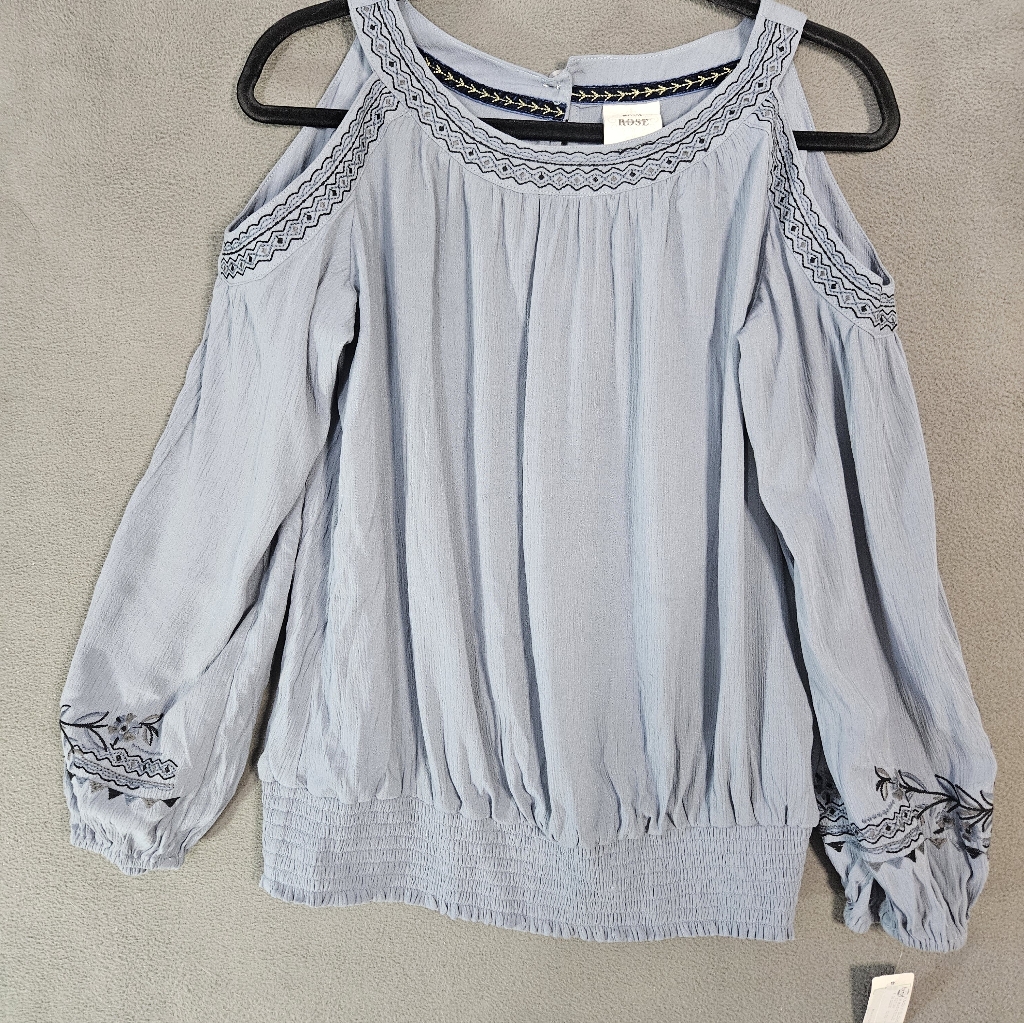 Nwt Knox Rose Womens Medium Cold Shoulder Short Crinkle Blue Embroidery